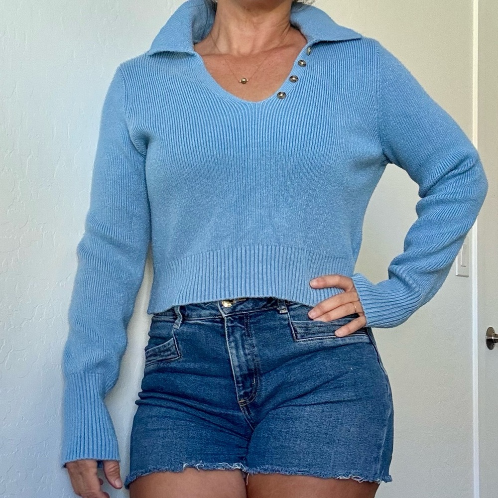 Happily Grey Blue Fitted Ribbed V-neck Sweater